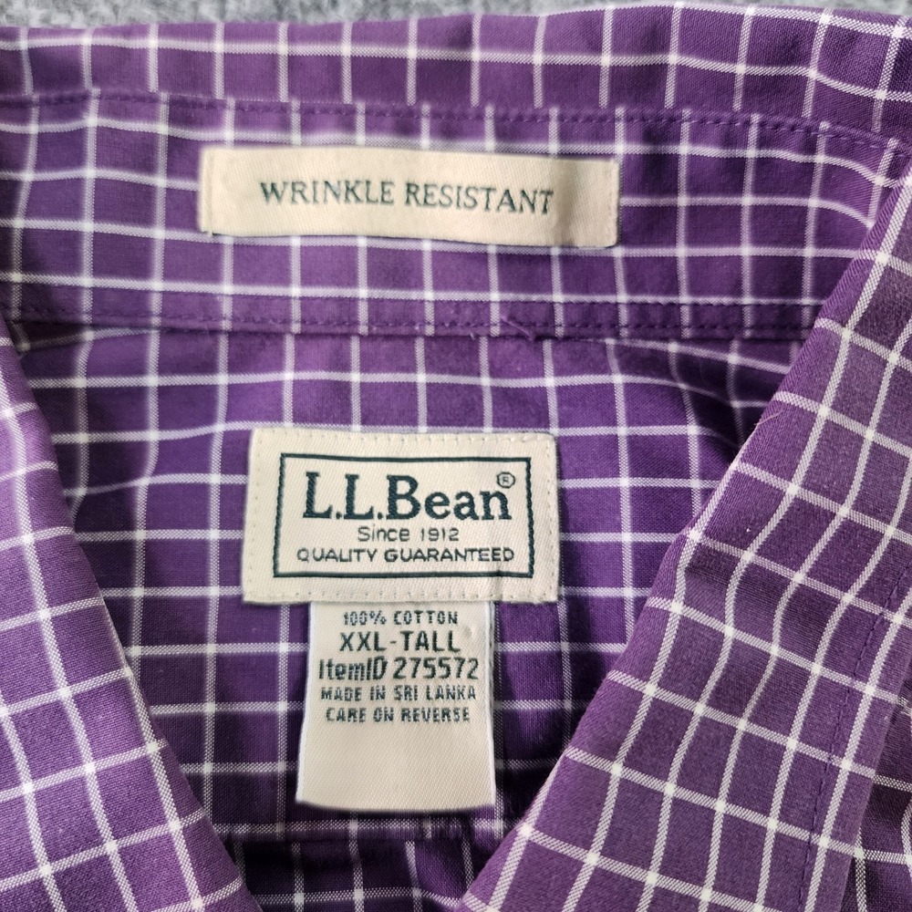 LL Bean Shirt Mens XXL Tall Purple White Check Button Down Wrinkle Resistant - Picture 6 of 11